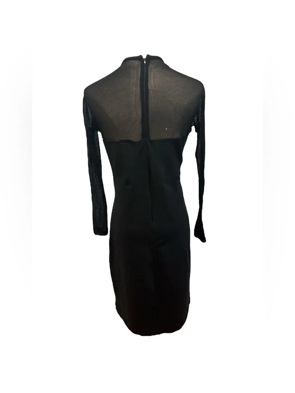 90s STYLEWORKS BLACK ILLUSION SLEEVES & CHEST ASYMMETRIC DETAIL MIDI DRESS SZ 12